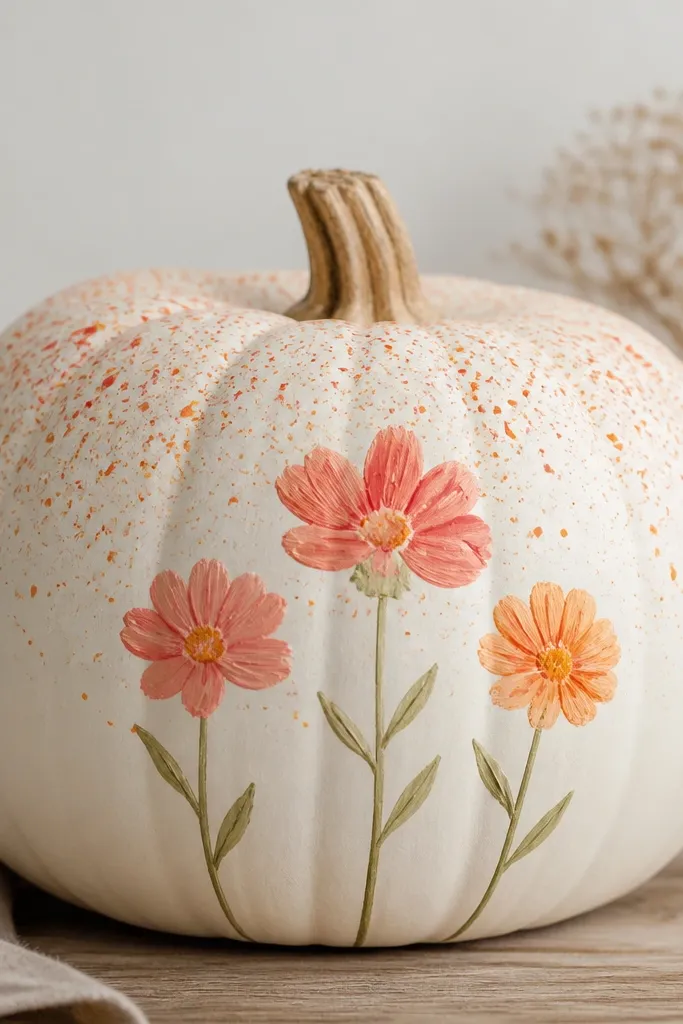 A white pumpkin with a soft spray of tiny orange and coral dots and speckles across the top half. Over that, there are three simple hand-painted flowers with yellow centers and green stems.