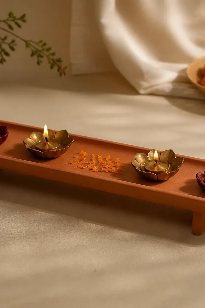 A warm terracotta ladder-style tray holds two brass diyas spaced evenly, with maroon tea-light cups on the sides and small marigold petals scattered in the center.