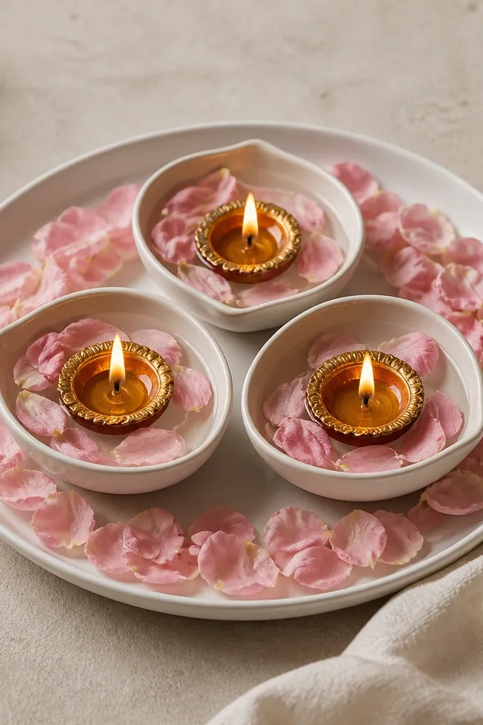 A matte white round plate sits on a table. Three small diyas float in shallow bowls of water, surrounded by a ring of pale pink rose petals.