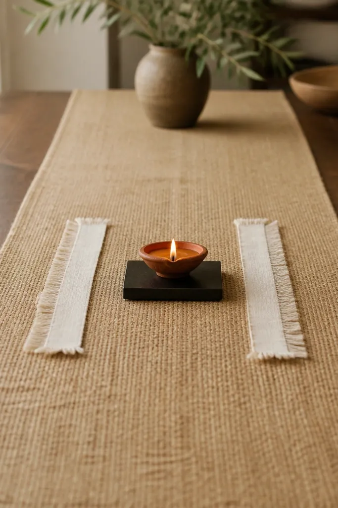A long strip of jute runner stretches down a table. In the middle sits one diya on a small black base, with two short fringed fabric strips on either side like a frame.