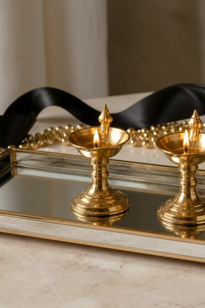 A rectangular mirror tray holds two brass candlestick diyas. Small gold beads and a strip of black satin run along the back edge.