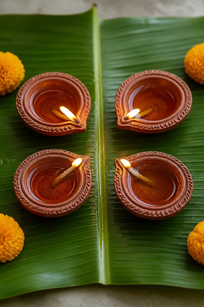 A banana leaf lays flat as a base under four oil lamps. The lamps sit in a square arrangement with tiny marigold blossoms at each corner.