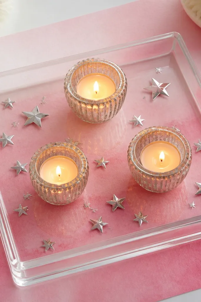 A sheet of pink ombre rangoli paper sits under a clear glass tray. Three diyas glow inside glass holders with tiny silver stars around them.