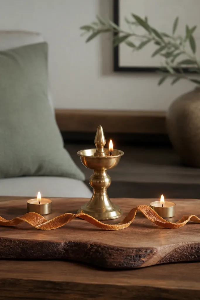 A cedar wood slab sits on a coffee table with one tall diya in the center and two small tealights on either side. A thin ribbon of dried orange peel wraps the front.