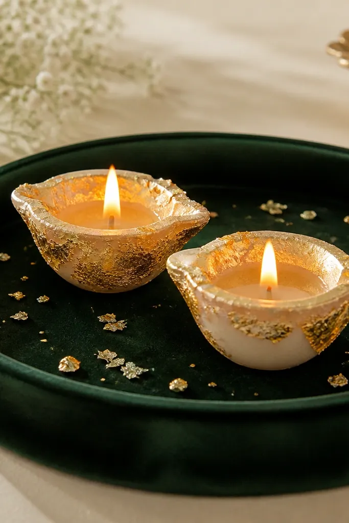 A deep green velvet tray holds two diyas with gold foil leaf accents. A few scattered gold flecks sit around the base.