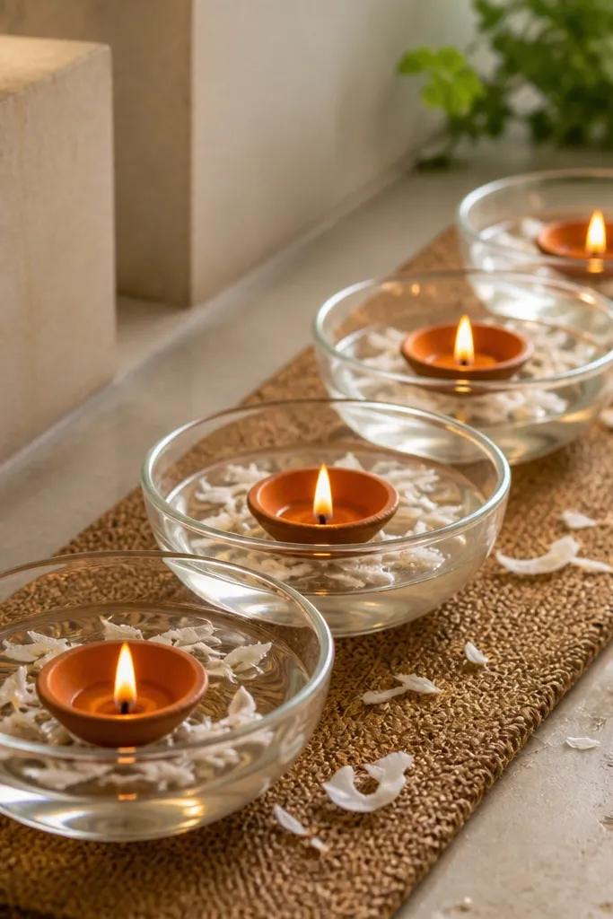 A coir doormat piece sits under a row of glass bowls. Each bowl has shallow water with a small floating diya, with a few coconut shavings around them.