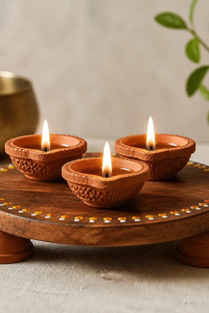 A round wood board holds three mini diyas. Terracotta pot feet act like risers, and there are tiny painted dots around the base.