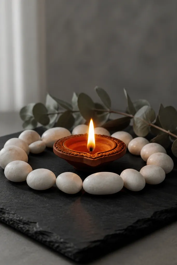 A black stone slab holds one diya in the center. A ring of smooth white pebbles surrounds it, with a few gray leaves tucked near the back.