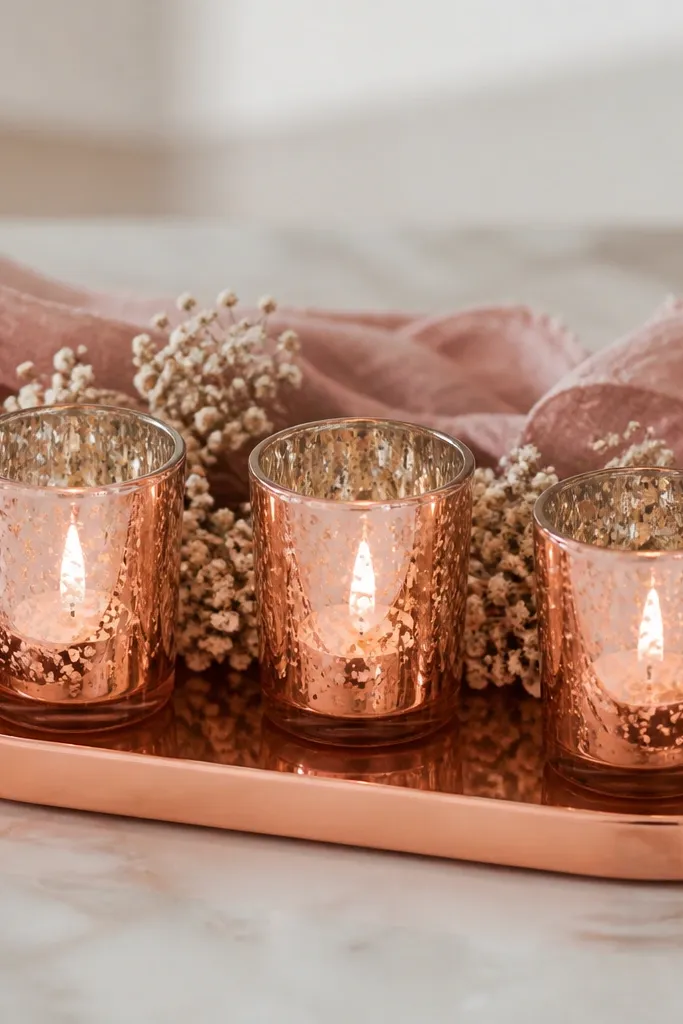 A rose gold tray holds three votive cups. Dusty pink fabric strips wrap around the back edge, and small dried baby's breath sits between cups.