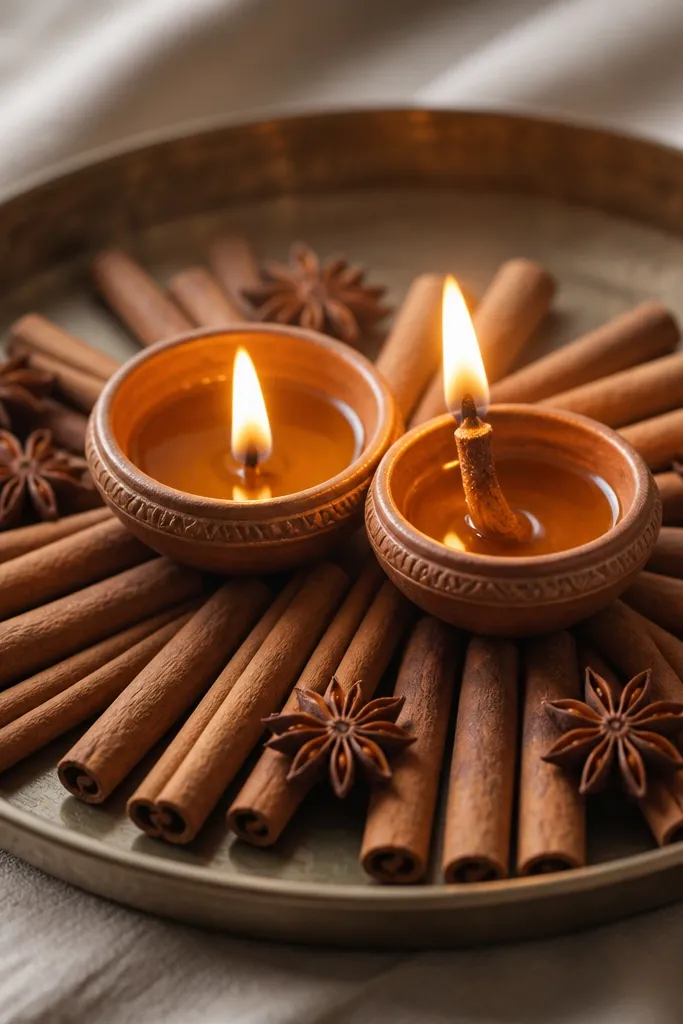 A shallow metal tray shows two diyas at the center, surrounded by cinnamon sticks laid in a fan shape and a few star anise pods.