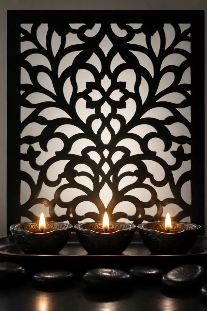 A black-and-white stenciled paper panel stands behind three diyas on a tray. The diyas glow against a high-contrast backdrop with a few black stones in front.