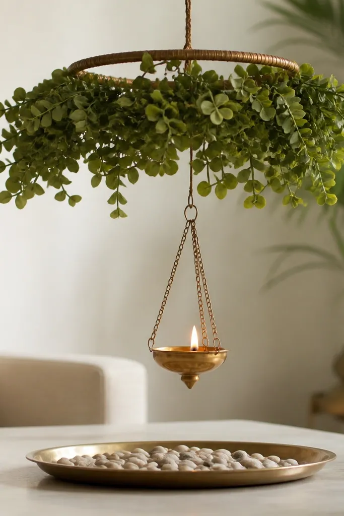 A small loop of faux green leaves hangs above a coffee table. A single diya hangs from a hook in the center, with small pebbles and a tray below to catch drips.