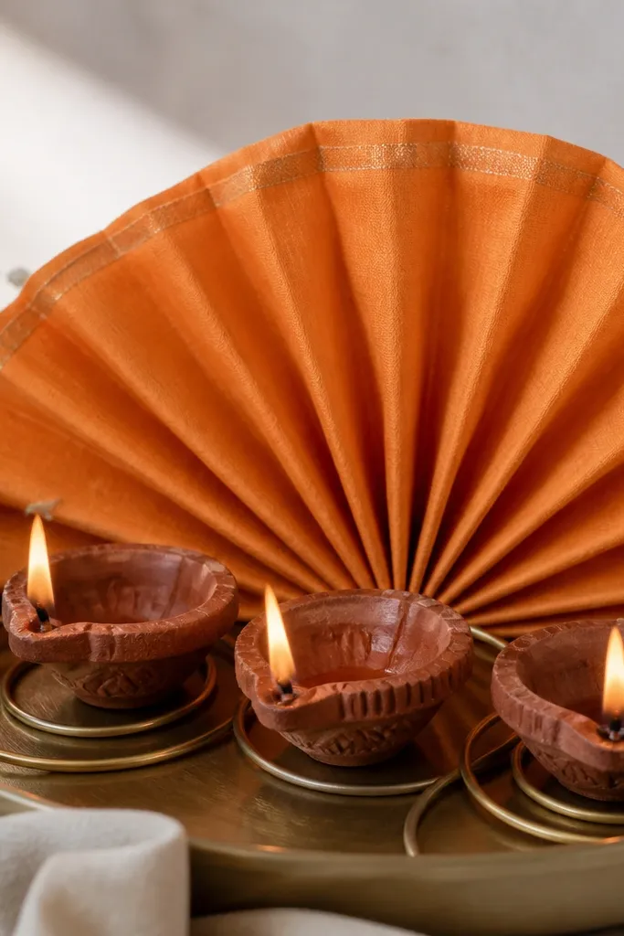 A saffron fabric fan sits behind three diyas on a tray. Thin brass rings lie around the bases like halos.