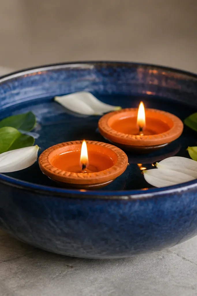 A large blue ceramic bowl holds water with two floating diyas. White lily petals float nearby and a few green leaf pieces sit along the edge.