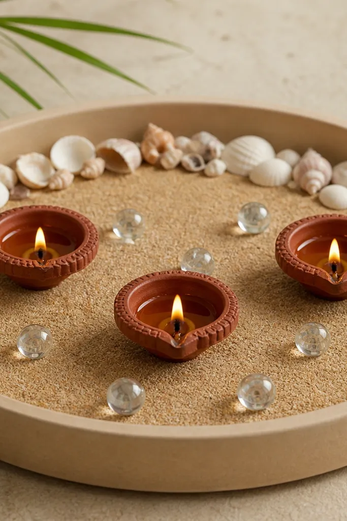 A shallow sand tray holds three mini diyas. Clear glass marbles sit around the diyas, and a thin line of sea-shell pieces runs along the back.