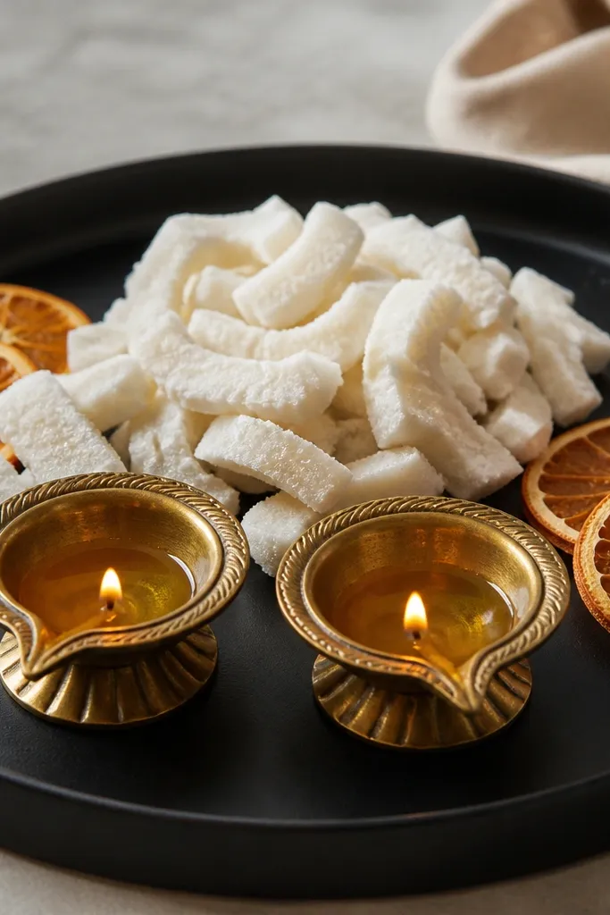 A matte black tray holds two diyas. White candied coconut pieces form a soft mound at the back, with a few dried orange slices on the sides.