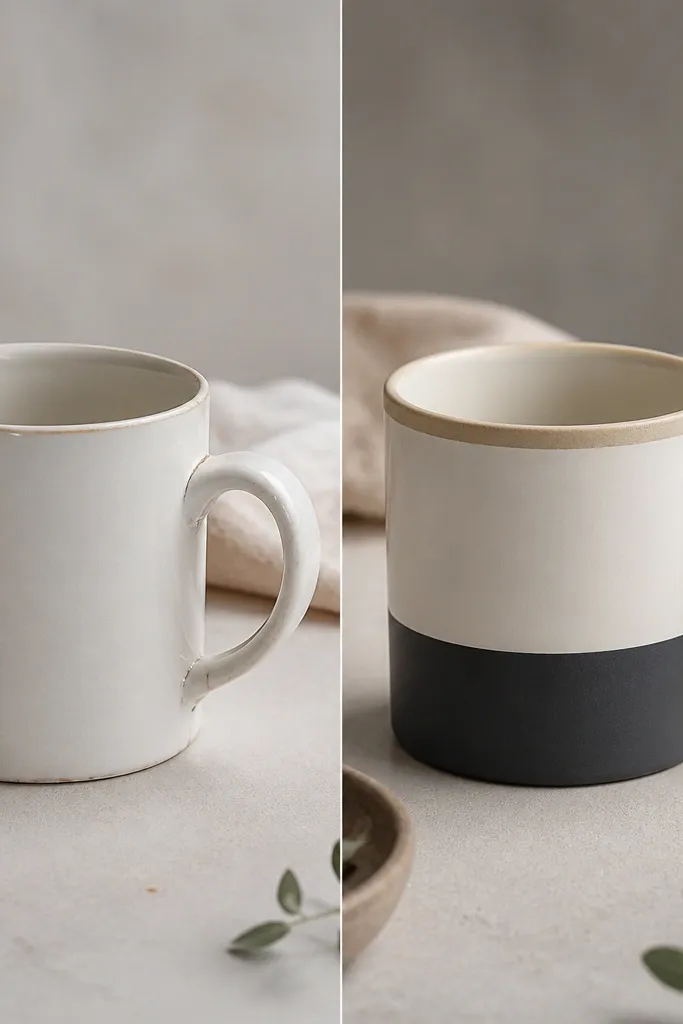 A before and after comparison on two white ceramic mugs: the before mug has a dull, slightly uneven rim and a faint chip line near the handle base; the after mug shows a matte charcoal band around the lower third and a soft oat-colored rim that looks slightly thicker, with a clean, rounded handle grip.