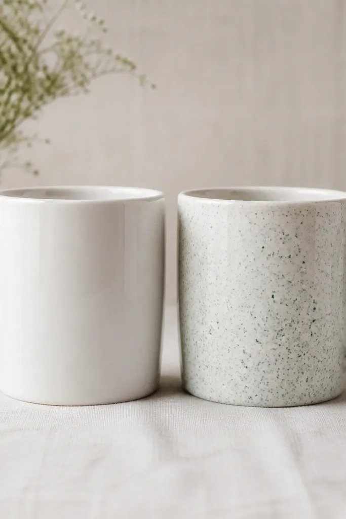 Two mugs side by side: the left mug is plain white with a glossy factory glaze; the right mug has a pale white base with scattered speckles in mint, frosted teal, and tiny hints of seafoam, plus a slightly satin finish on the handle area.