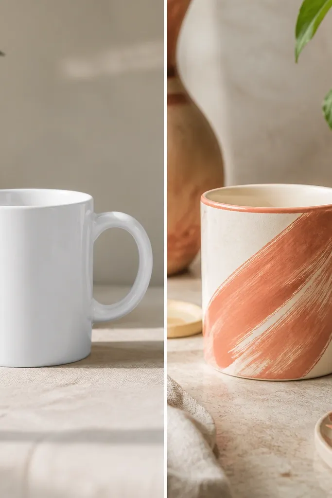 A before mug is bright white and plain; the after mug has thick terracotta brush strokes sweeping diagonally across the body, with a cream-painted handle that looks slightly satin, plus a thin terracotta line just below the rim.