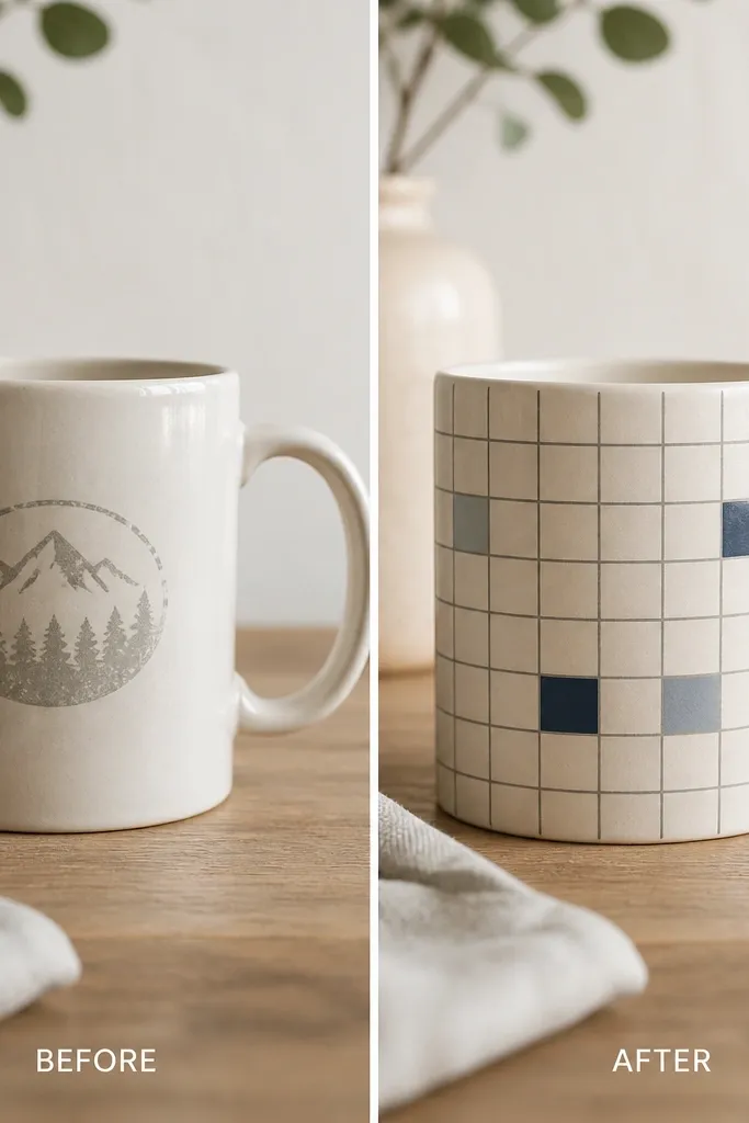 Two mugs: the before mug has a faded printed logo; the after mug shows a clean grid of thin lines wrapping around the mug, with small square blocks in muted navy and washed gray, plus a new matte topcoat that reduces glare.