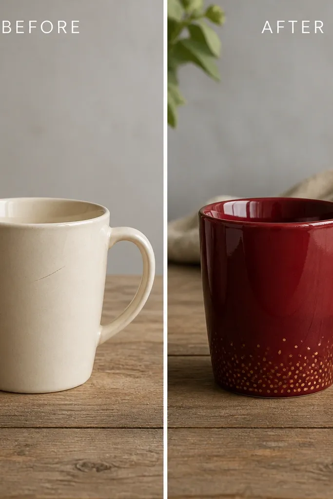 Before mug is plain cream with a small scratch; after mug is deep cherry red with a halo of tiny gold dots near the bottom rim and a thin gold ring around the handle base, finished with a smooth gloss-like ceramic seal.
