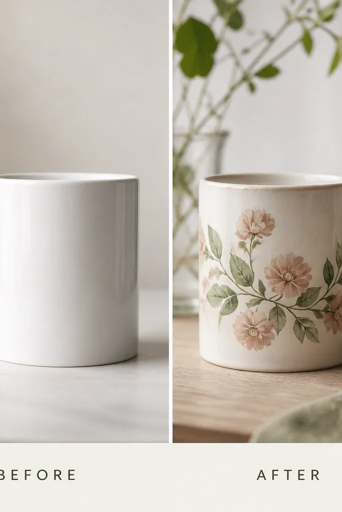 A mug makeover where a printed ribbon-like band wraps around the body: the before mug is plain white; the after mug shows a soft botanical ribbon transfer with muted greens and dusty pink, plus a subtle satin finish and a cleaned-up handle grip.