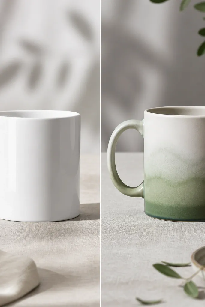 Two mugs: before is plain white with glossy shine; after has a sage green wash that fades unevenly from the lower third upward, with a slightly darker band near the bottom and a matte finish to reduce glare.