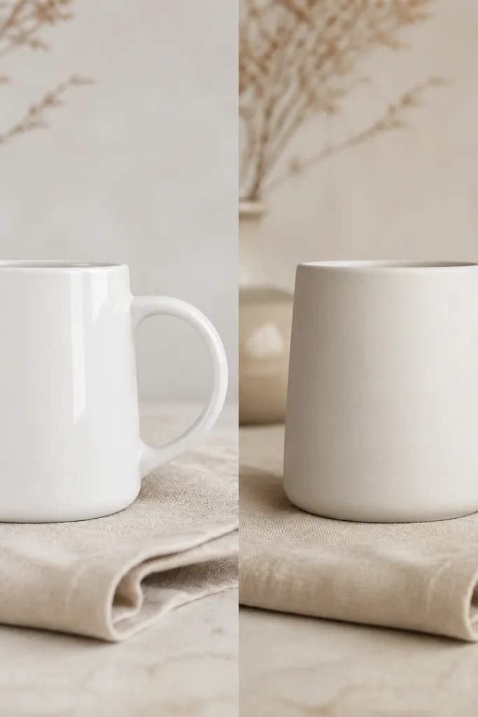 Before mug is glossy white; after mug has a matte off-white body with a small gold accent on the handle interior and a thin gold line around the handle base, with reduced glare on the entire mug.