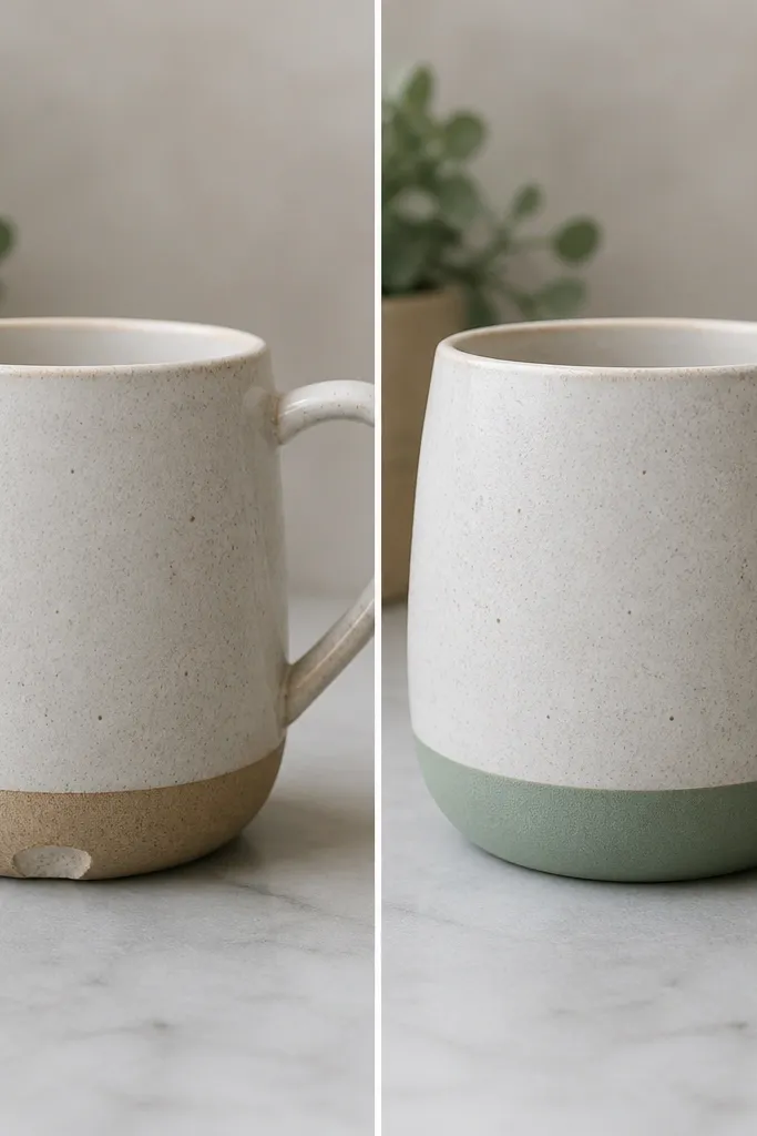 Two mugs: the before mug has a visible chip on the lower rim edge; the after mug shows that chip area sanded smooth and blended into a new color band, with a clean transition and a sealed finish.