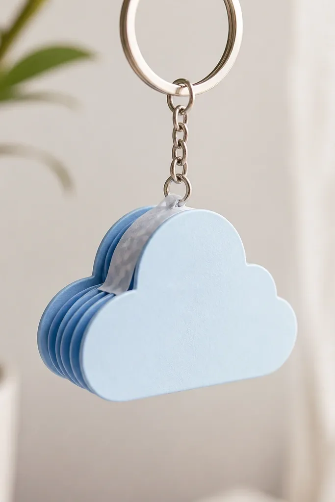 A small paper cloud shaped squishy keychain hanging from a silver keyring. The cloud is made of light sky-blue cardstock with slightly darker blue accordion folds inside. The seam is hidden under a strip of white washi tape, and the bottom edge looks rounded and smooth.