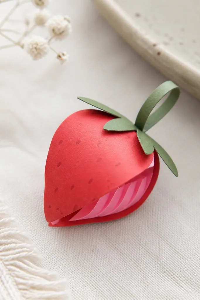A tiny strawberry-shaped paper squishy charm with a rounded pillow form. The outside is red cardstock with darker red seed dots, and the inside shows pink accordion folds. A green paper strip forms the leafy top, and the charm has a small loop for attaching to a zipper pull.