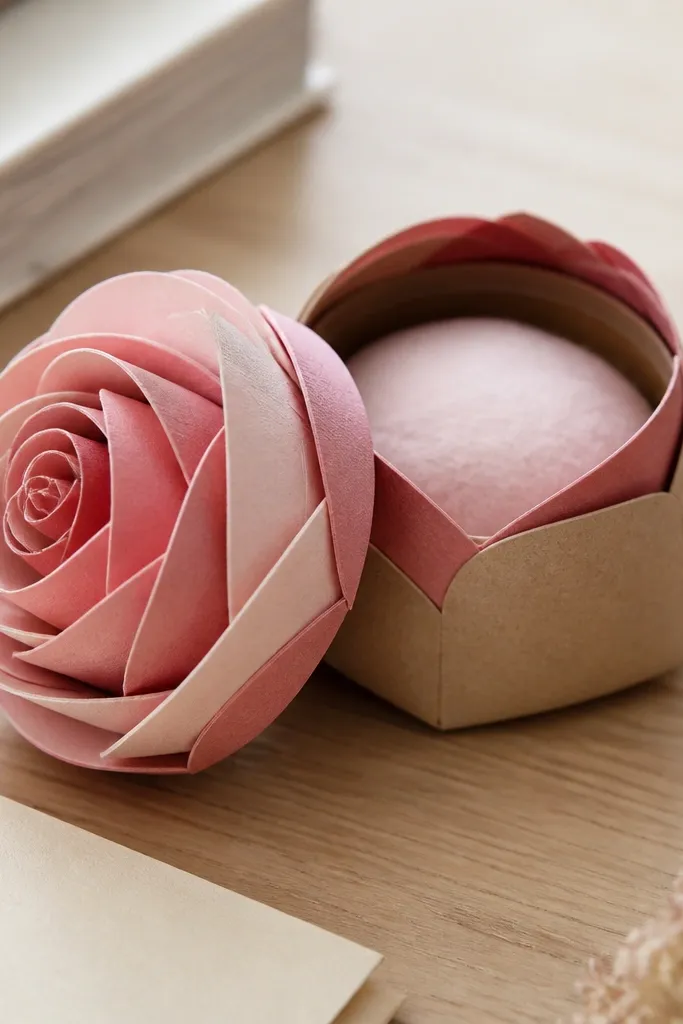 A small paper box shaped like a rosebud, sitting open on a desk. The outer petals are layered in blush pink and dusty rose paper, with a faint squishy puff visible between layers. The lid shows a tight spiral petal pattern, and the base is matte kraft cardstock.