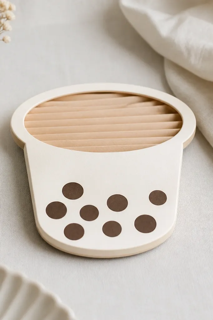 A boba cup shaped paper squishy coaster with a rounded rim. The cup is light cream cardstock with brown tapioca circles on the front, and the interior has soft accordion folds in warm beige. The coaster sits flat, with a subtle puff visible on the sides.