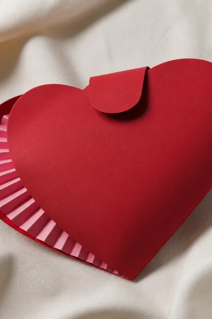 A heart-shaped paper envelope with a squishy padded center. The outside is deep red cardstock with a matte finish, and the inside shows pink accordion folds. A small flap closes at the top, and the heart edges are smooth and rounded.