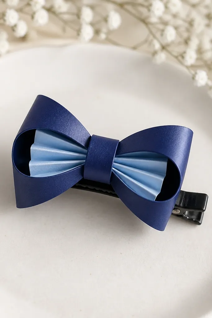 A small bow tie made from paper squishy folds, clipped to a black alligator hair clip. The outer bow is navy cardstock with a subtle satin sheen, and the inside shows light blue accordion puff. The center knot is a small folded strip with a clean loop on top.