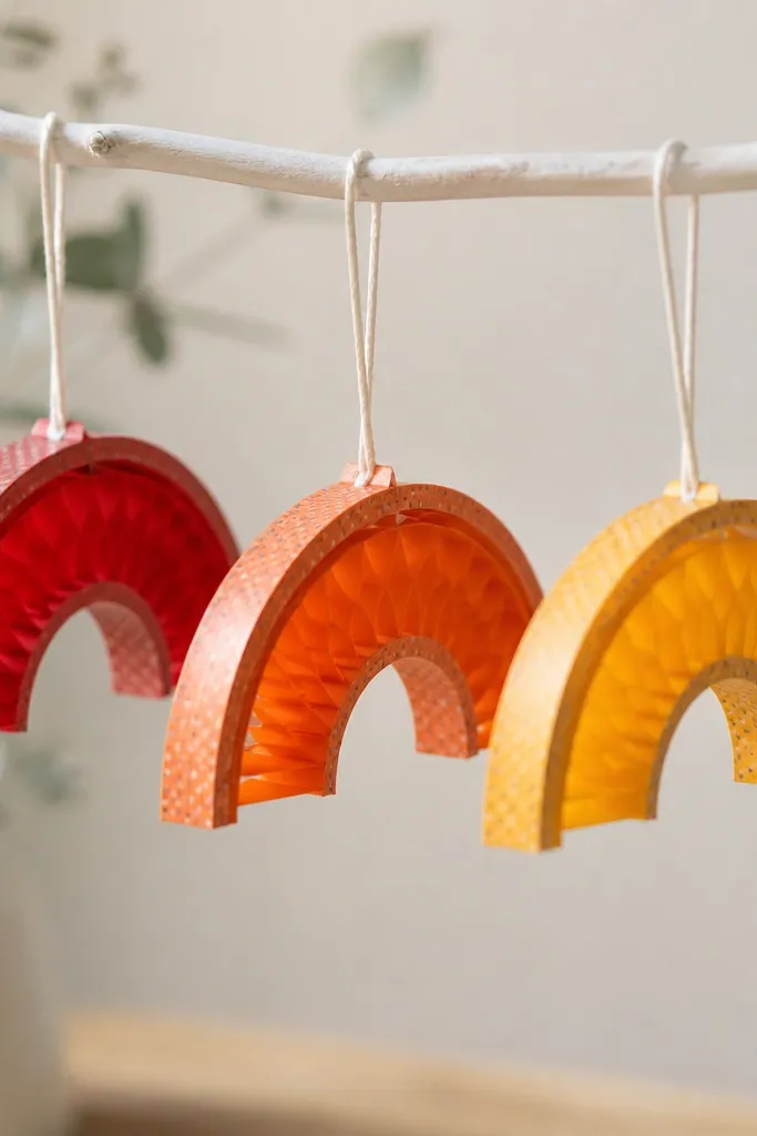 A row of three paper rainbow squish segments hanging like mini ornaments. Each segment is a curved arc with thick accordion puff inside, colored red-orange-yellow. The back has a small loop for stringing, and edges are finished with matching washi tape.