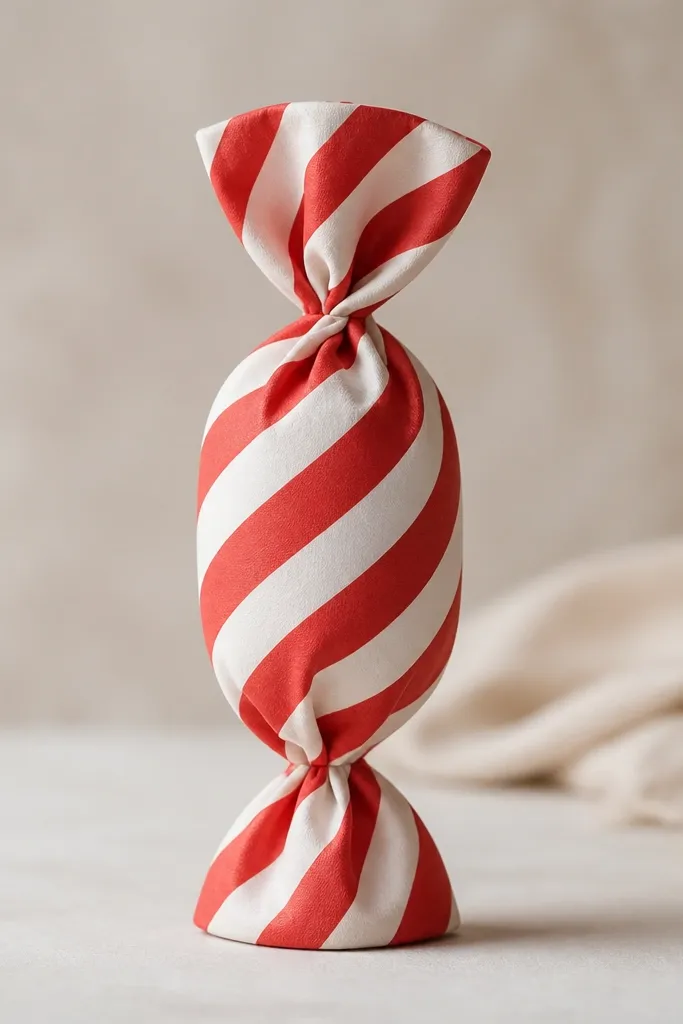 A twisted peppermint candy shape made of paper with squishy padding. The candy is red-and-white striped paper with accordion folds inside, giving it a soft rounded twist. The ends are neatly sealed, and the candy sits upright like a small prop.