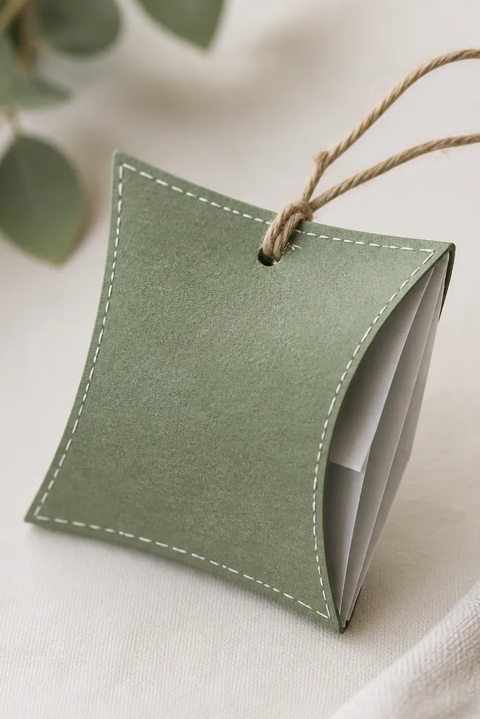 A square paper squishy gift tag shaped like a small pillow. The outside is sage green cardstock with a stitched-look border in white gel pen. The inside shows pale gray accordion folds, and a twine string is attached at the top.