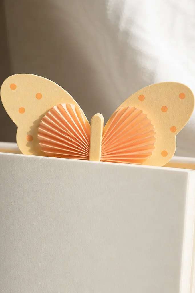 A butterfly-shaped paper squishy bookmark with two rounded wings. The wings are light yellow with small orange dots, and the interior shows thin accordion folds in pale peach. The bookmark has a slim spine and it sits open behind a book page in the photo.