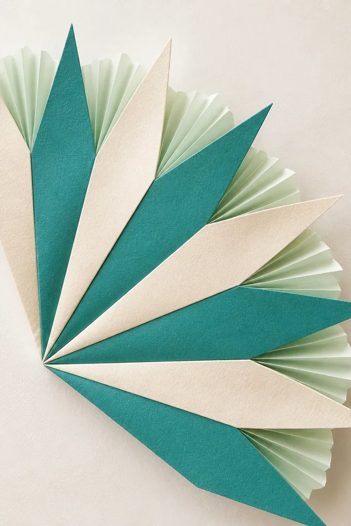A single starburst shape like a wreath segment made of layered paper. The outside has alternating teal and cream points, and behind the points you can see accordion-fold puff in light mint. It looks like a soft flower burst on a flat surface.