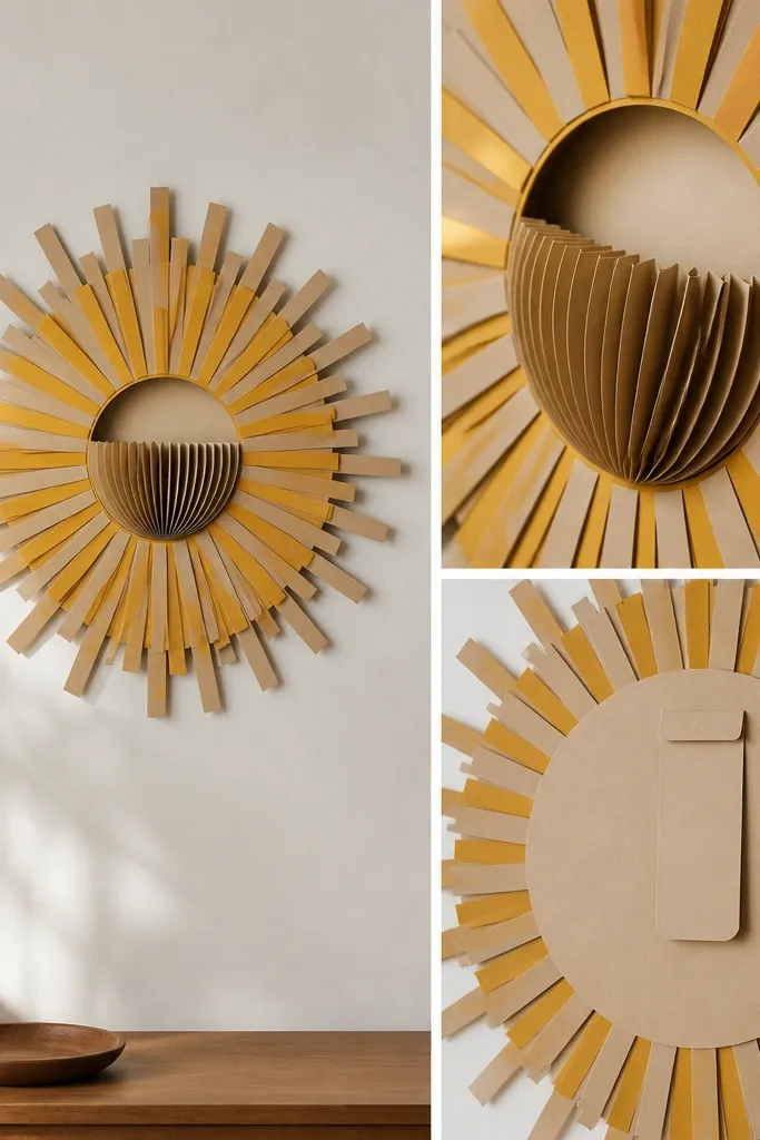 A small sunburst wall decor piece with a pocket opening in the center. The outer rays are made from mustard yellow and tan cardstock strips, and the center shows a pocket with accordion-fold puff. The back has a flat mounting tab.