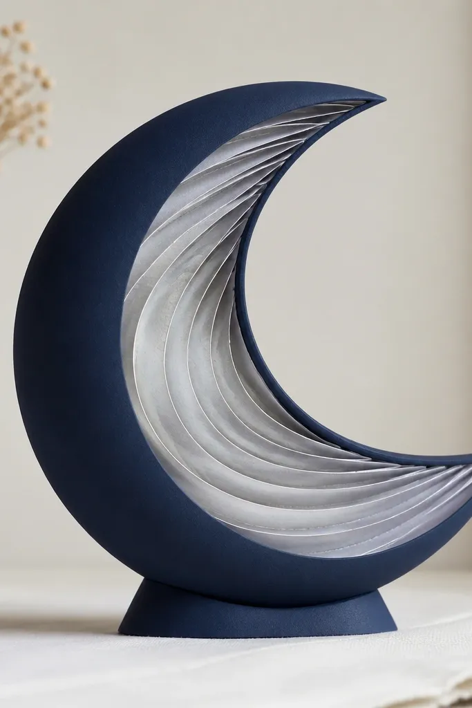 A crescent moon paper squishy sculpture with layered phases. The outer moon is deep navy cardstock, and the inside shows pale silver accordion folds. The moon sits on a small stand, and the edge looks smooth and rounded.