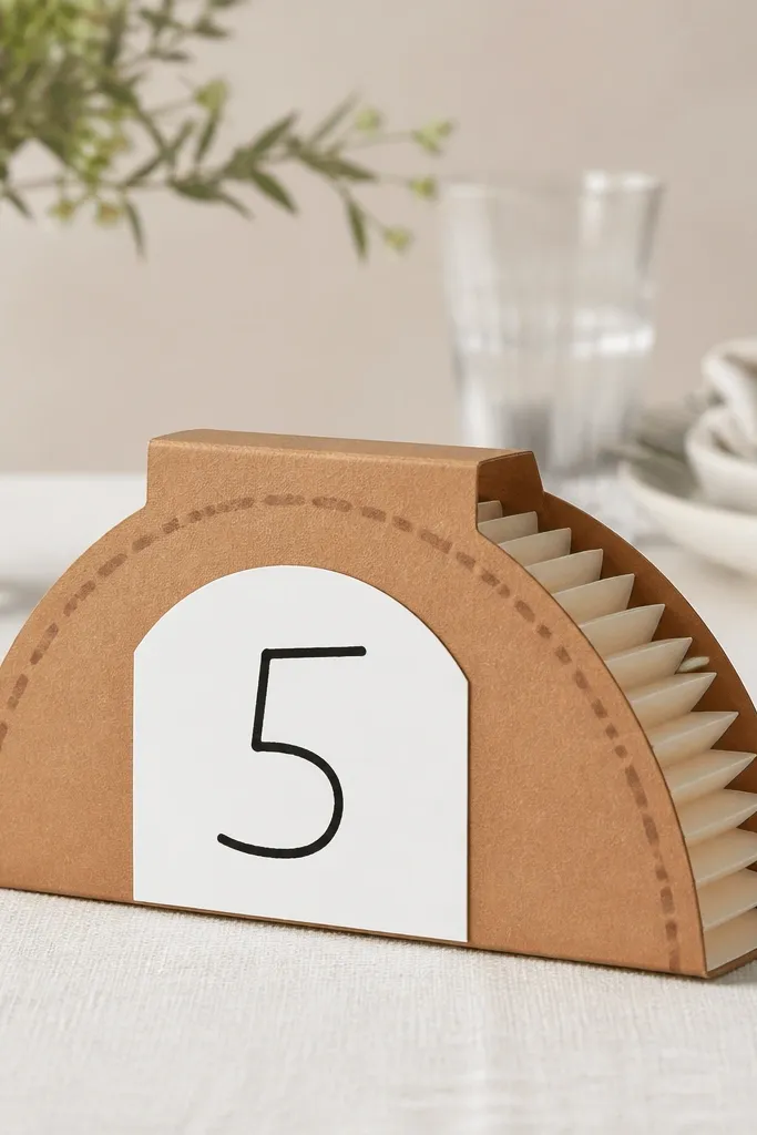 A paper taco-shaped squishy table number holder. The taco shell is brown cardstock with darker brown fold lines, and the inside shows accordion puff in light beige. A small white panel in the front holds a handwritten number, and the top has a flat base for standing.