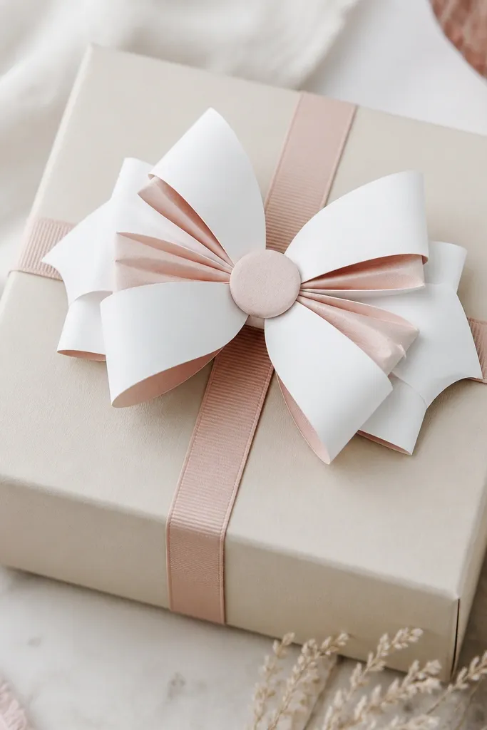A wrapped gift with a paper squish knot bow on top. The bow is made of white and soft pink cardstock with a padded center visible as pale pink accordion folds. The knot center is a small wrapped circle, and the topper sits flat enough to stay on the box.