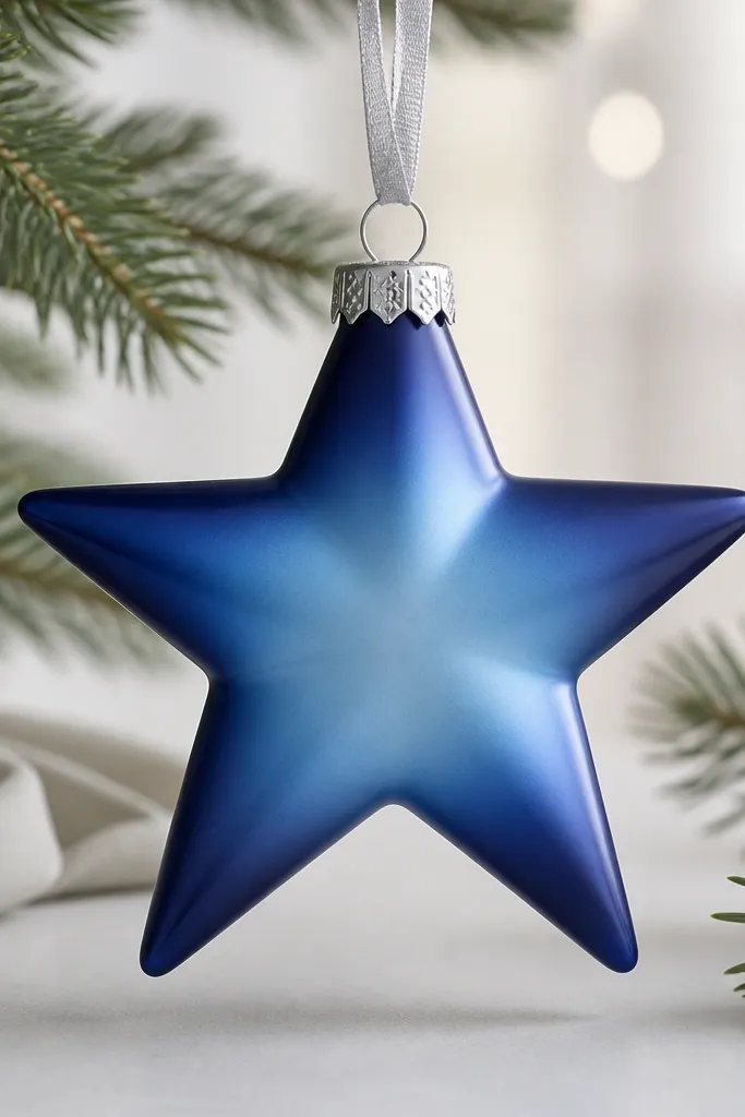 A five-point star ornament with a smooth gradient from deep navy at the tips to pale ice-blue at the center, finished with a light satin clear coat.
