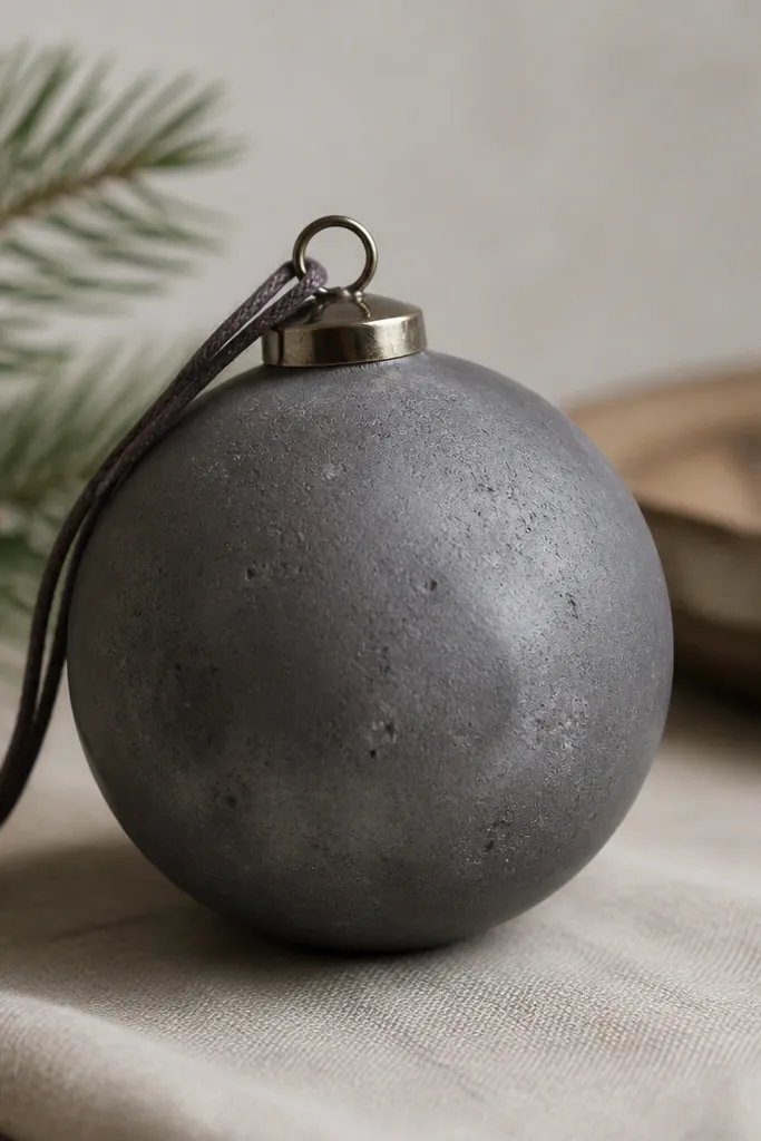 A round ornament with a matte charcoal gray base, subtle lighter gray smudges like concrete, and tiny specks scattered across the surface.
