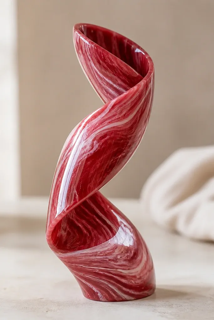 A twisted ribbon-shaped ornament with glossy-looking marbling: deep red, rose pink swirls, and tiny white streaks, finished with a clear satin coat.