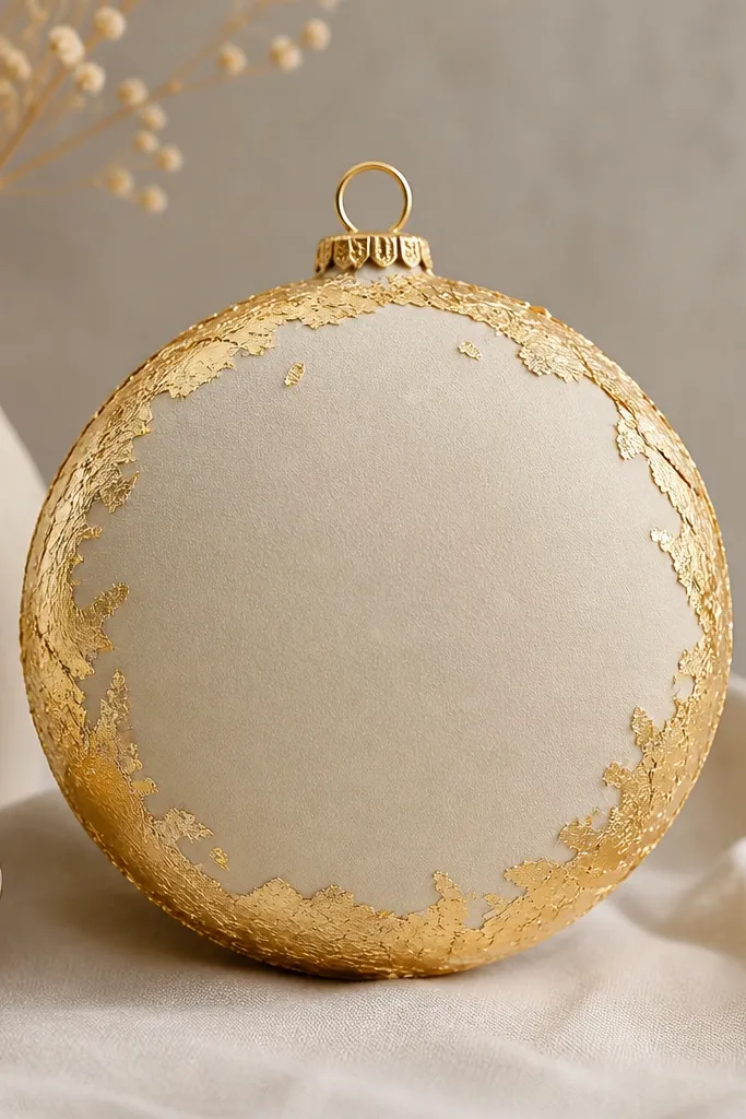 A cream-colored ornament with rough, torn gold leaf applied only around the border, leaving the center plain and matte.