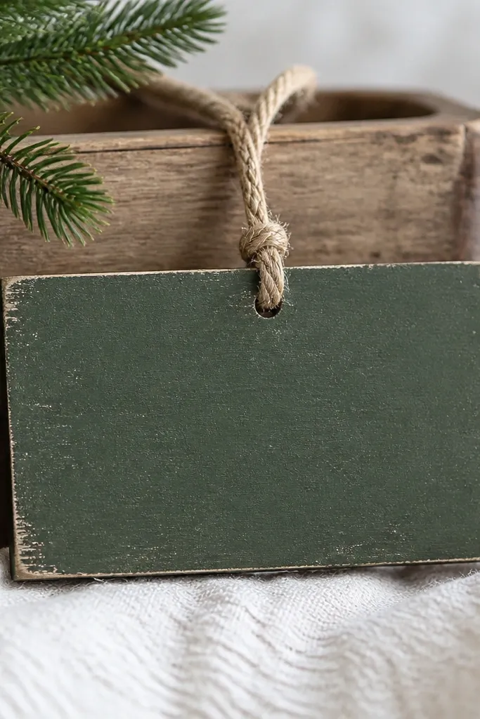 A rectangular ornament painted muted pine green with distressed white lettering, plus tiny worn spots on the corners.