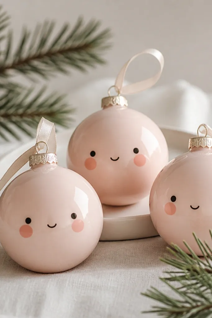 Round ornaments painted pale blush pink with simple dot blush cheeks, tiny black eyes, and a small curved smile, finished with satin clear.
